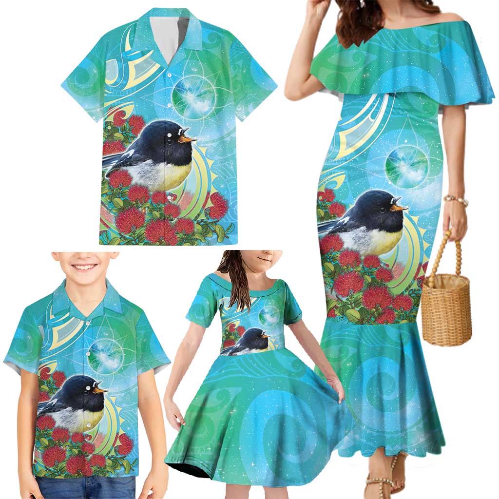 New Zealand Tomtit Family Matching Mermaid Dress and Hawaiian Shirt Maori Koru With Pohutukawa Galaxy Style - Aussie Hoodie