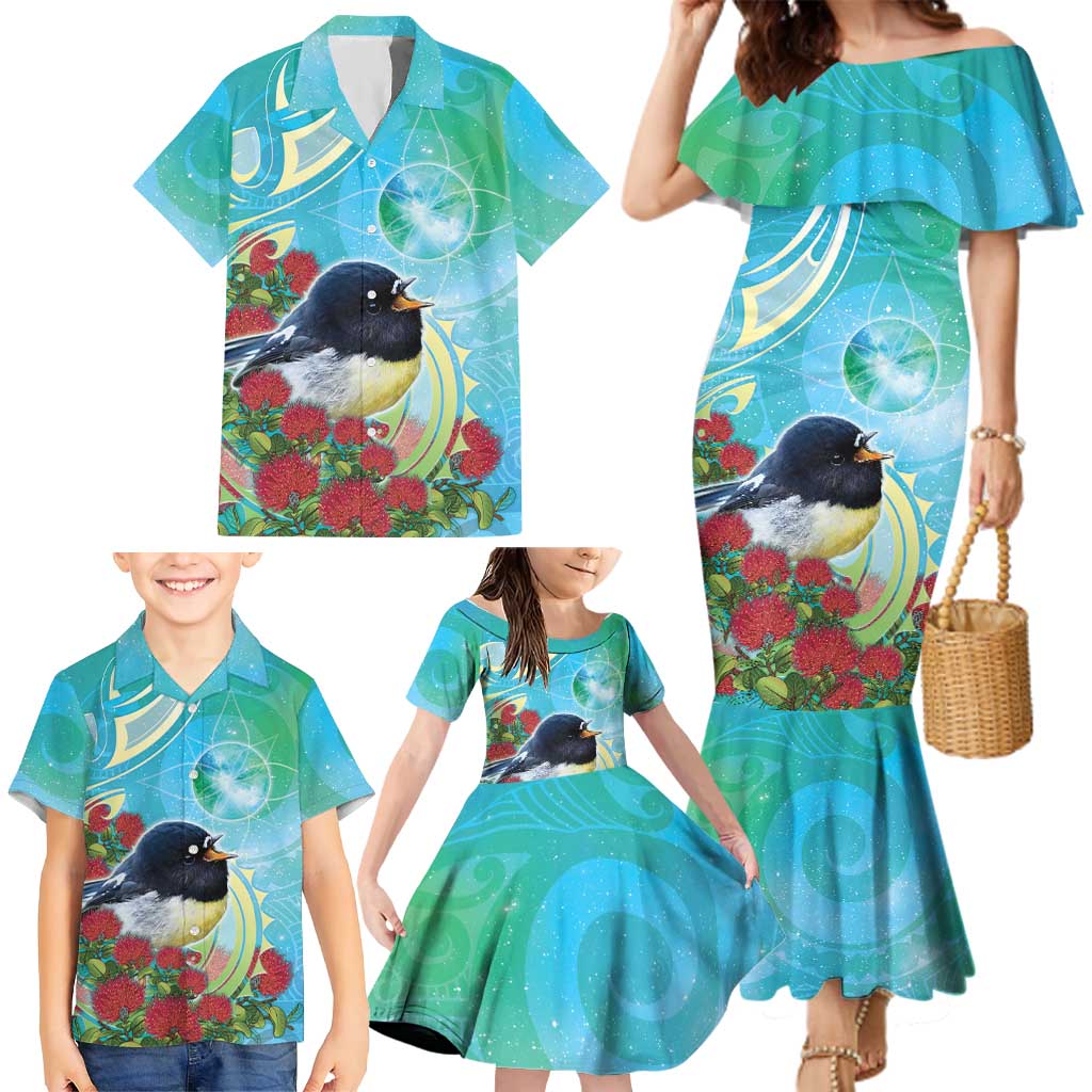 New Zealand Tomtit Family Matching Mermaid Dress and Hawaiian Shirt Maori Koru With Pohutukawa Galaxy Style - Aussie Hoodie