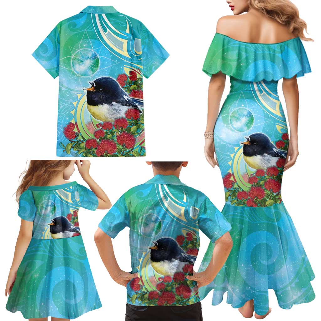 New Zealand Tomtit Family Matching Mermaid Dress and Hawaiian Shirt Maori Koru With Pohutukawa Galaxy Style - Aussie Hoodie