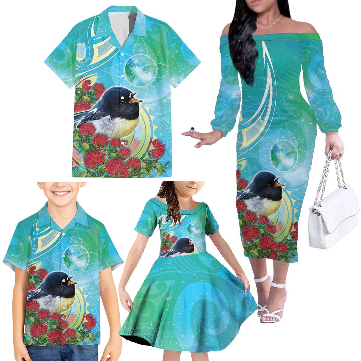 New Zealand Tomtit Family Matching Off The Shoulder Long Sleeve Dress and Hawaiian Shirt Maori Koru With Pohutukawa Galaxy Style - Aussie Hoodie