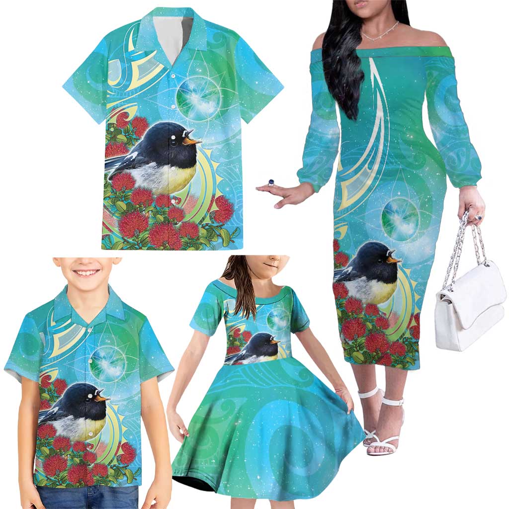 New Zealand Tomtit Family Matching Off The Shoulder Long Sleeve Dress and Hawaiian Shirt Maori Koru With Pohutukawa Galaxy Style - Aussie Hoodie