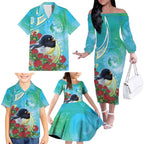 New Zealand Tomtit Family Matching Off The Shoulder Long Sleeve Dress and Hawaiian Shirt Maori Koru With Pohutukawa Galaxy Style - Aussie Hoodie