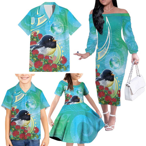 New Zealand Tomtit Family Matching Off The Shoulder Long Sleeve Dress and Hawaiian Shirt Maori Koru With Pohutukawa Galaxy Style - Aussie Hoodie