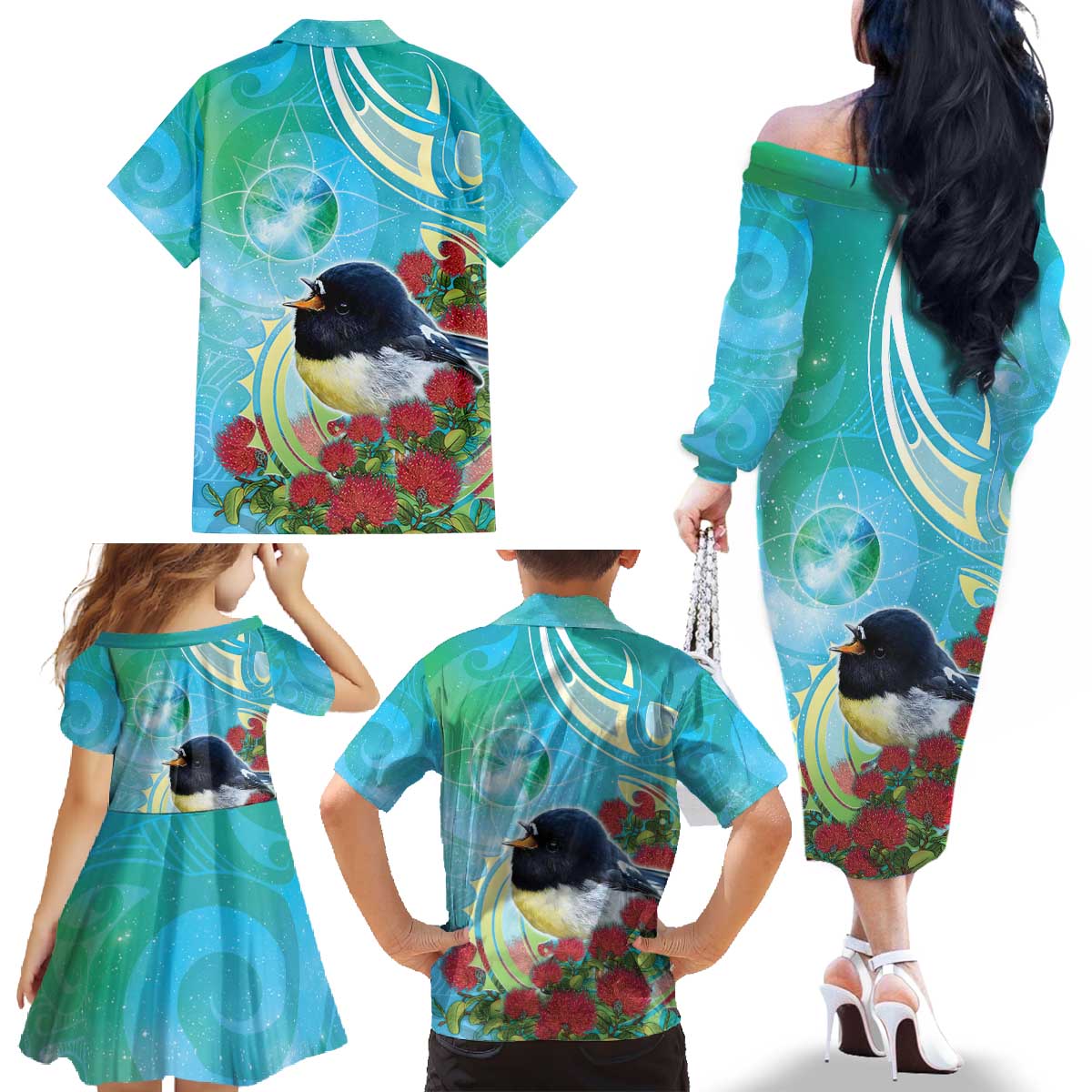 New Zealand Tomtit Family Matching Off The Shoulder Long Sleeve Dress and Hawaiian Shirt Maori Koru With Pohutukawa Galaxy Style - Aussie Hoodie