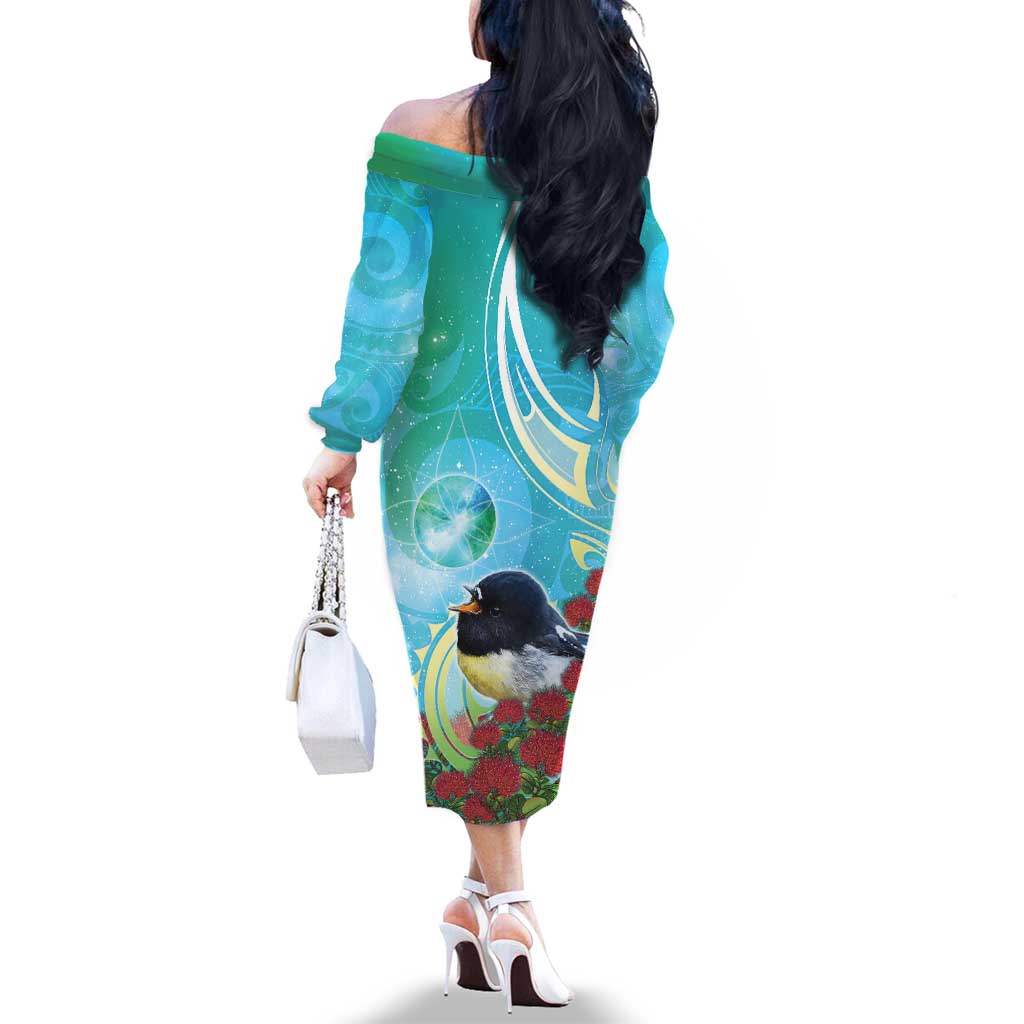 New Zealand Tomtit Family Matching Off The Shoulder Long Sleeve Dress and Hawaiian Shirt Maori Koru With Pohutukawa Galaxy Style - Aussie Hoodie