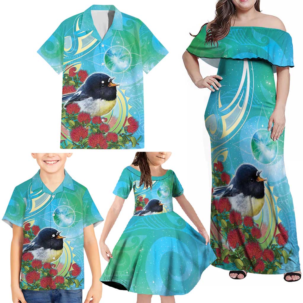 New Zealand Tomtit Family Matching Off Shoulder Maxi Dress and Hawaiian Shirt Maori Koru With Pohutukawa Galaxy Style - Aussie Hoodie