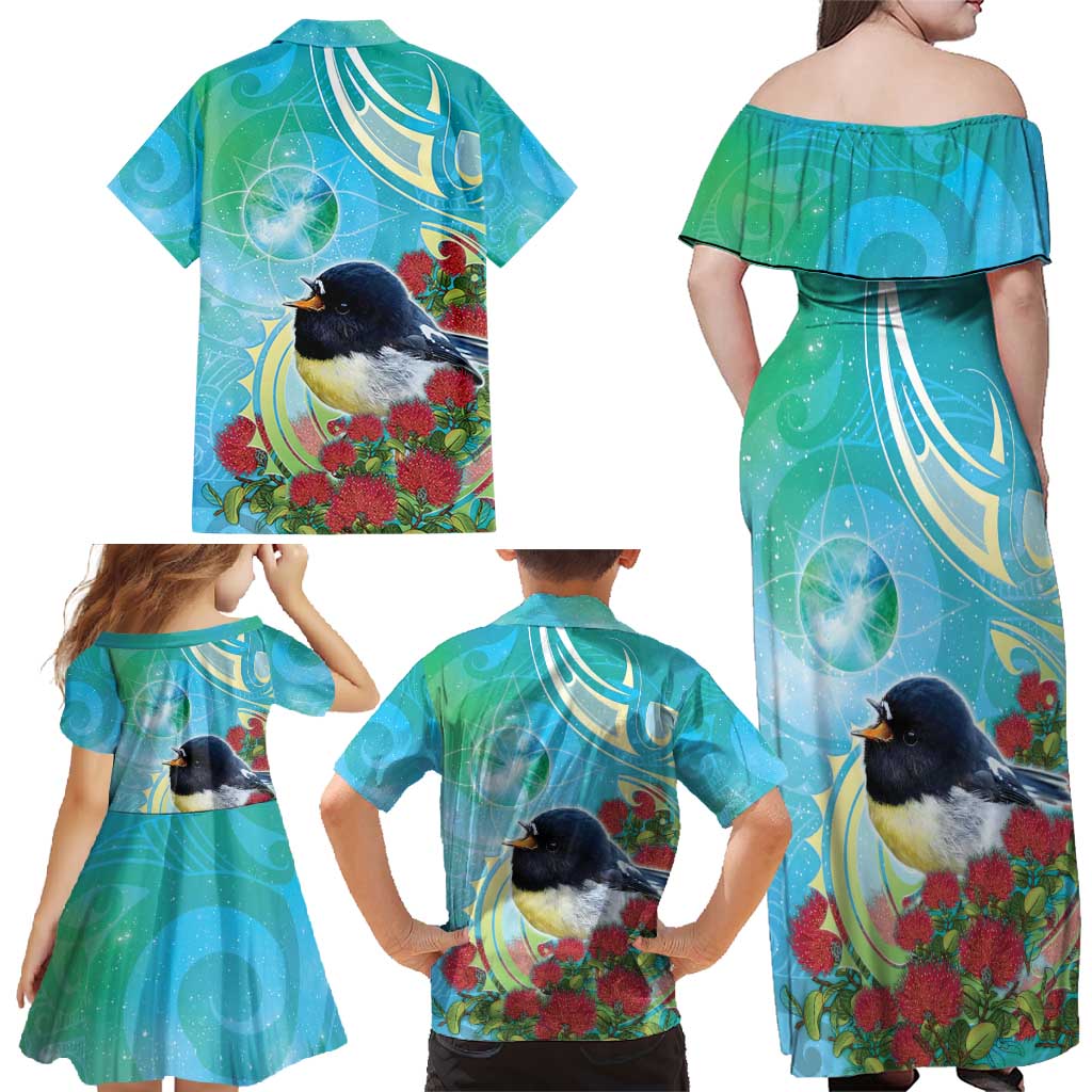 New Zealand Tomtit Family Matching Off Shoulder Maxi Dress and Hawaiian Shirt Maori Koru With Pohutukawa Galaxy Style - Aussie Hoodie