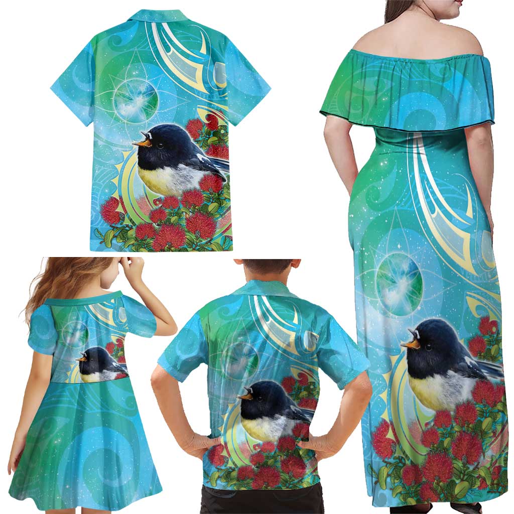 New Zealand Tomtit Family Matching Off Shoulder Maxi Dress and Hawaiian Shirt Maori Koru With Pohutukawa Galaxy Style - Aussie Hoodie