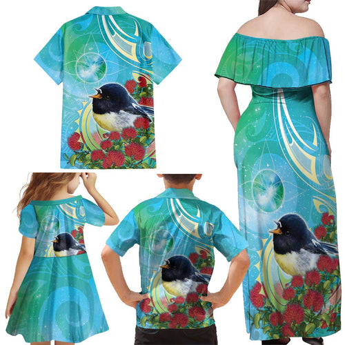 New Zealand Tomtit Family Matching Off Shoulder Maxi Dress and Hawaiian Shirt Maori Koru With Pohutukawa Galaxy Style - Aussie Hoodie