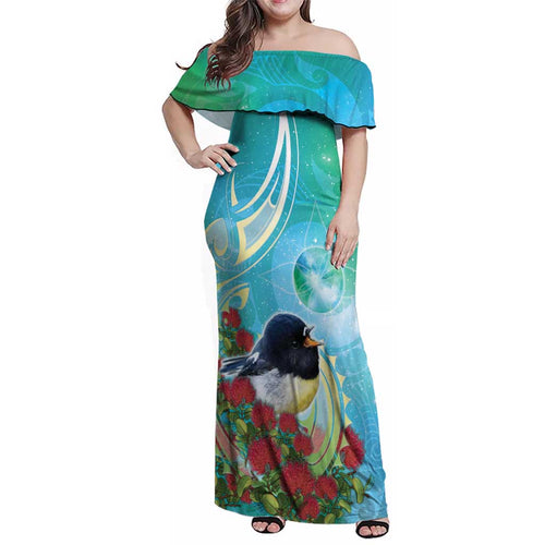 New Zealand Tomtit Family Matching Off Shoulder Maxi Dress and Hawaiian Shirt Maori Koru With Pohutukawa Galaxy Style - Aussie Hoodie