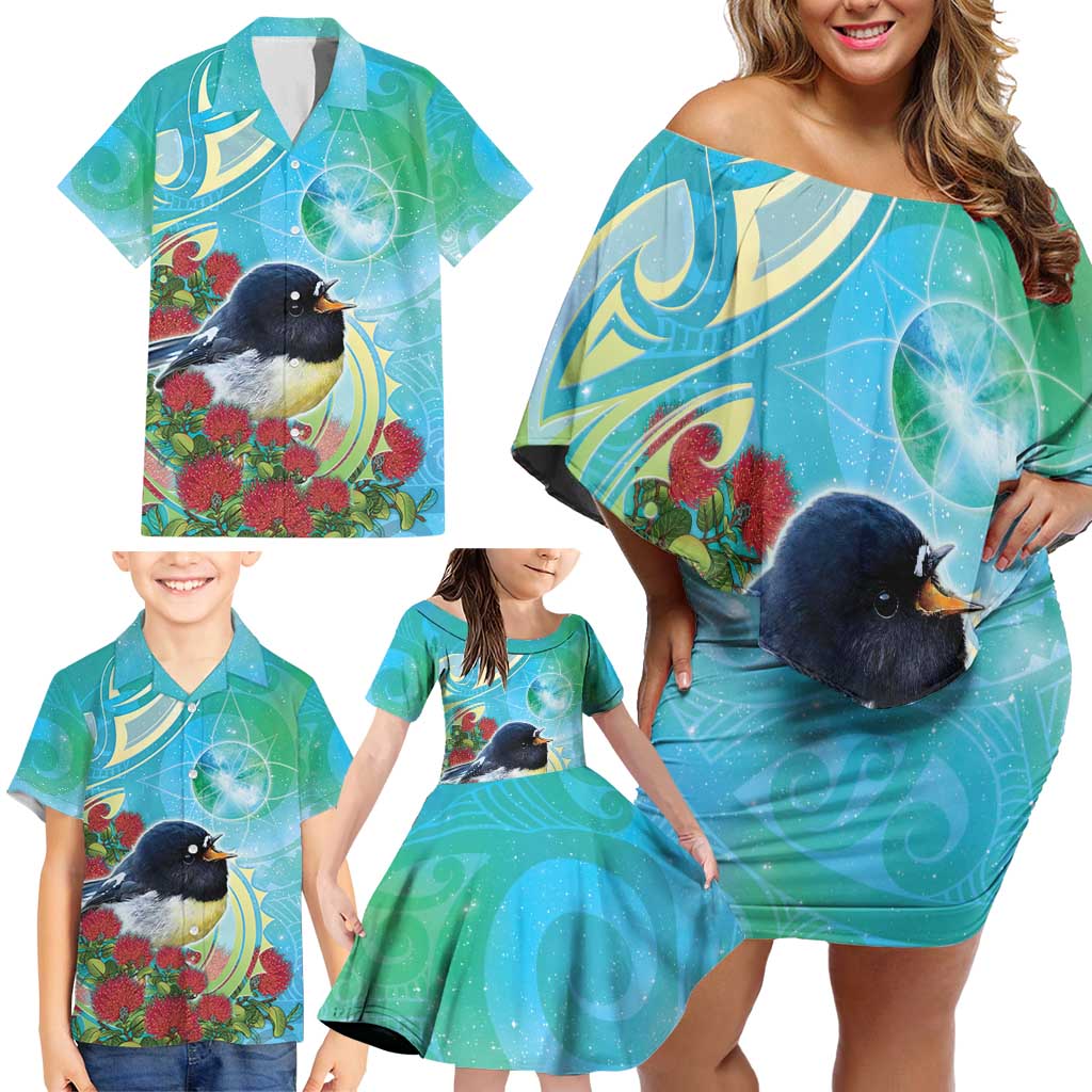 New Zealand Tomtit Family Matching Off Shoulder Short Dress and Hawaiian Shirt Maori Koru With Pohutukawa Galaxy Style - Aussie Hoodie