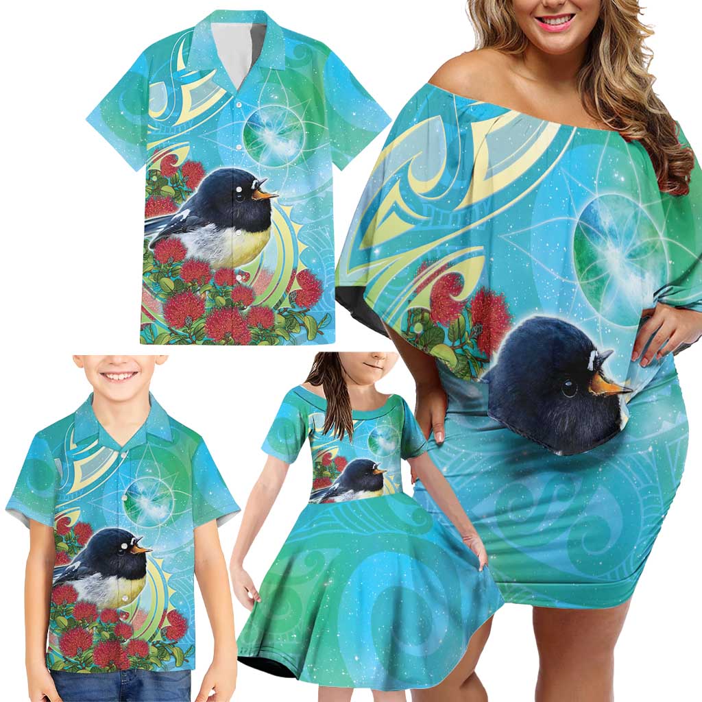 New Zealand Tomtit Family Matching Off Shoulder Short Dress and Hawaiian Shirt Maori Koru With Pohutukawa Galaxy Style - Aussie Hoodie