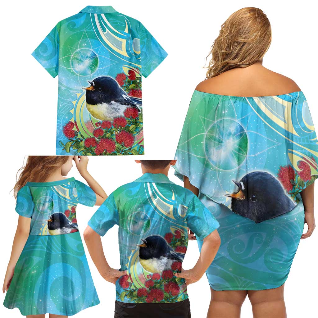New Zealand Tomtit Family Matching Off Shoulder Short Dress and Hawaiian Shirt Maori Koru With Pohutukawa Galaxy Style - Aussie Hoodie