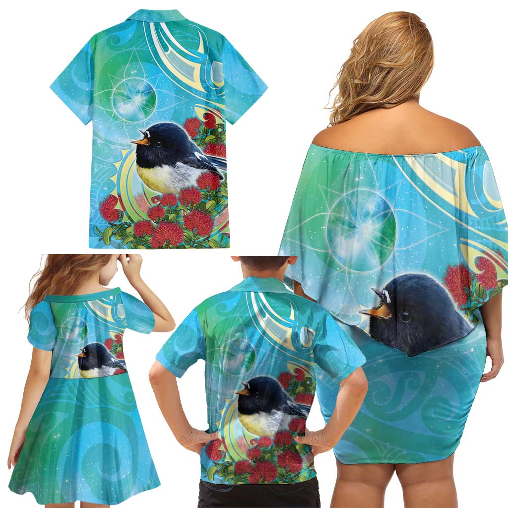 New Zealand Tomtit Family Matching Off Shoulder Short Dress and Hawaiian Shirt Maori Koru With Pohutukawa Galaxy Style - Aussie Hoodie