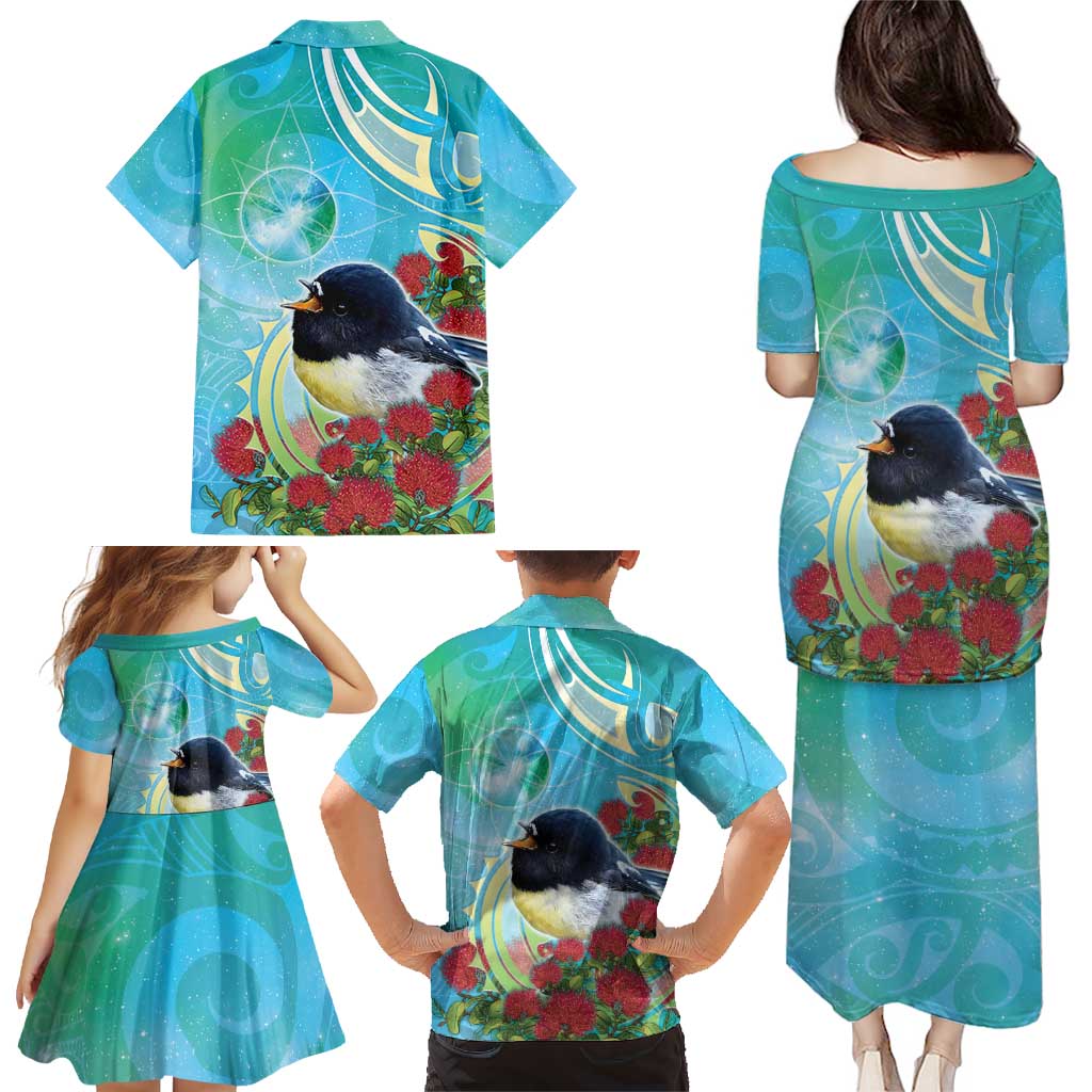 New Zealand Tomtit Family Matching Puletasi and Hawaiian Shirt Maori Koru With Pohutukawa Galaxy Style - Aussie Hoodie