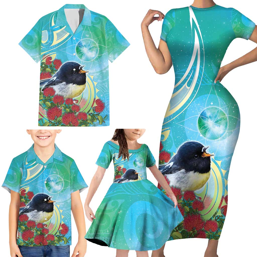 New Zealand Tomtit Family Matching Short Sleeve Bodycon Dress and Hawaiian Shirt Maori Koru With Pohutukawa Galaxy Style - Aussie Hoodie