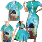 New Zealand Tomtit Family Matching Short Sleeve Bodycon Dress and Hawaiian Shirt Maori Koru With Pohutukawa Galaxy Style - Aussie Hoodie