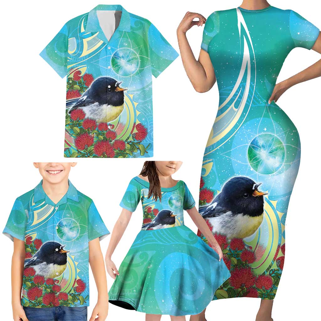 New Zealand Tomtit Family Matching Short Sleeve Bodycon Dress and Hawaiian Shirt Maori Koru With Pohutukawa Galaxy Style - Aussie Hoodie