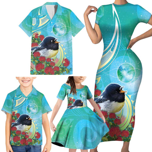 New Zealand Tomtit Family Matching Short Sleeve Bodycon Dress and Hawaiian Shirt Maori Koru With Pohutukawa Galaxy Style - Aussie Hoodie