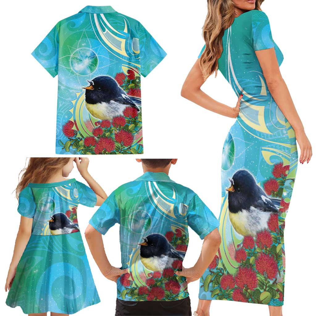 New Zealand Tomtit Family Matching Short Sleeve Bodycon Dress and Hawaiian Shirt Maori Koru With Pohutukawa Galaxy Style - Aussie Hoodie