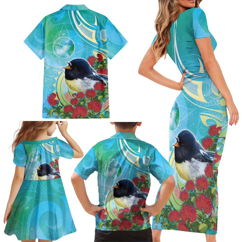 New Zealand Tomtit Family Matching Short Sleeve Bodycon Dress and Hawaiian Shirt Maori Koru With Pohutukawa Galaxy Style - Aussie Hoodie