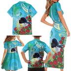 New Zealand Tomtit Family Matching Short Sleeve Bodycon Dress and Hawaiian Shirt Maori Koru With Pohutukawa Galaxy Style - Aussie Hoodie