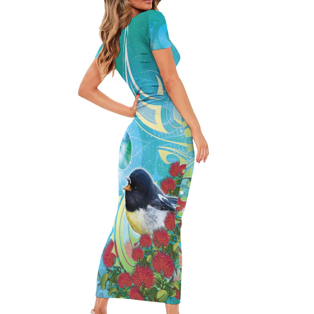 New Zealand Tomtit Family Matching Short Sleeve Bodycon Dress and Hawaiian Shirt Maori Koru With Pohutukawa Galaxy Style - Aussie Hoodie