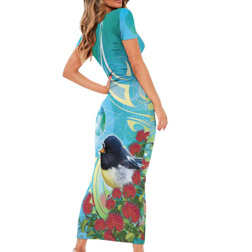 New Zealand Tomtit Family Matching Short Sleeve Bodycon Dress and Hawaiian Shirt Maori Koru With Pohutukawa Galaxy Style - Aussie Hoodie