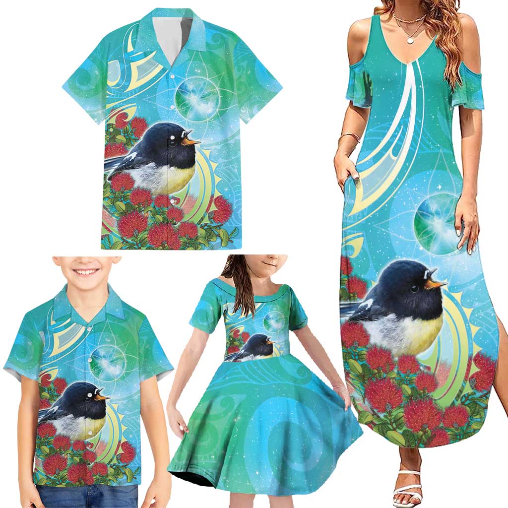 New Zealand Tomtit Family Matching Summer Maxi Dress and Hawaiian Shirt Maori Koru With Pohutukawa Galaxy Style - Aussie Hoodie