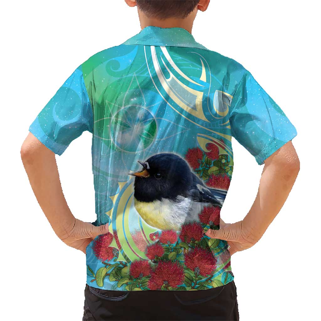 New Zealand Tomtit Family Matching Summer Maxi Dress and Hawaiian Shirt Maori Koru With Pohutukawa Galaxy Style - Aussie Hoodie