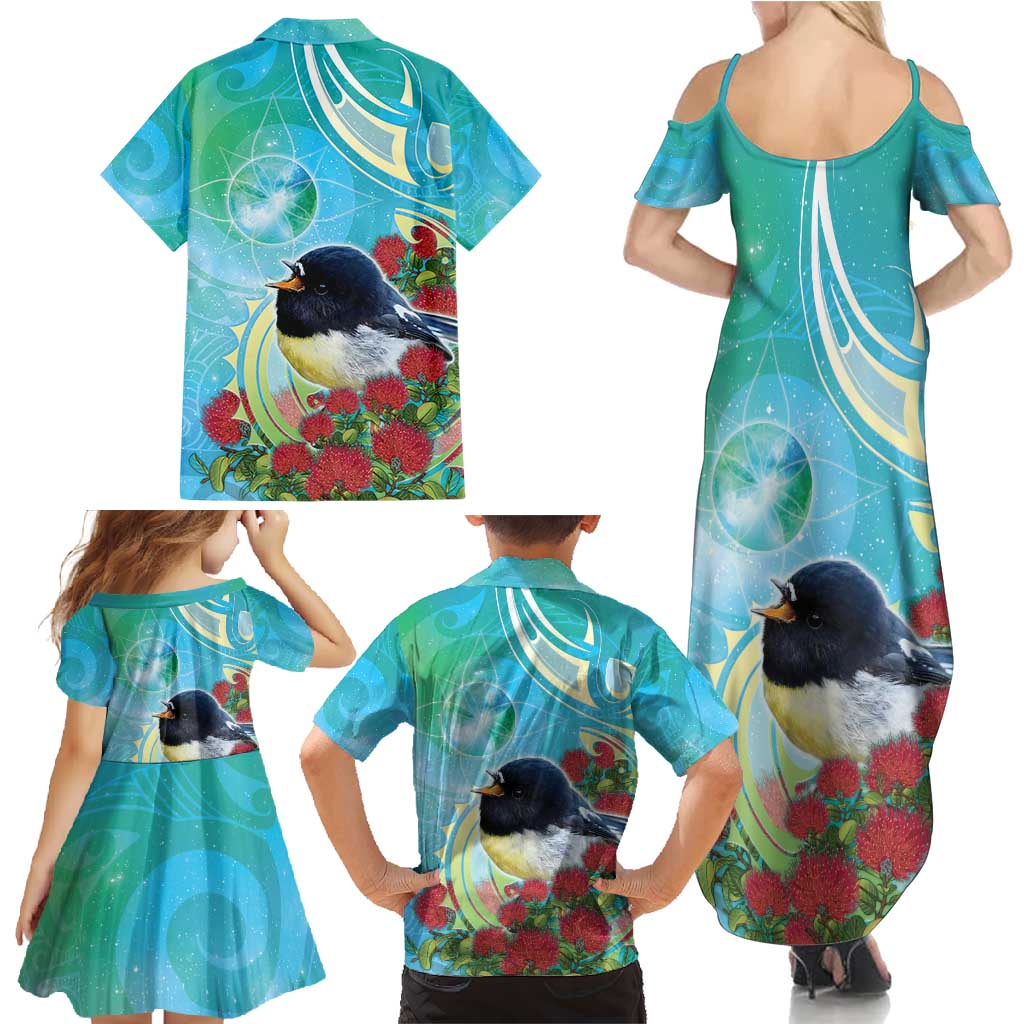 New Zealand Tomtit Family Matching Summer Maxi Dress and Hawaiian Shirt Maori Koru With Pohutukawa Galaxy Style - Aussie Hoodie