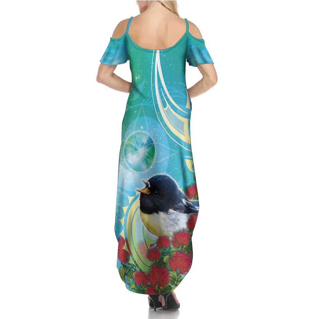 New Zealand Tomtit Family Matching Summer Maxi Dress and Hawaiian Shirt Maori Koru With Pohutukawa Galaxy Style - Aussie Hoodie