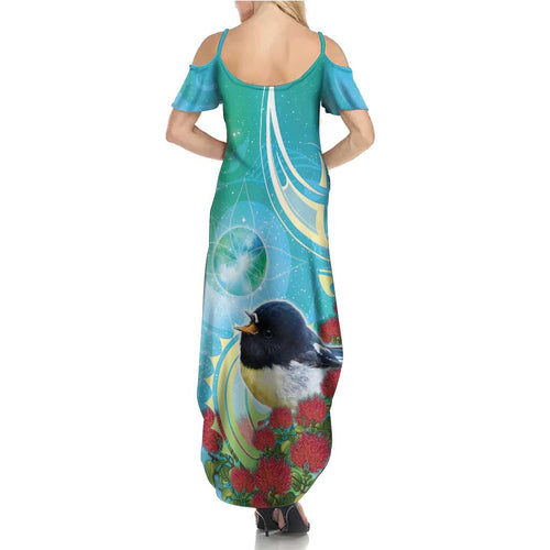 New Zealand Tomtit Family Matching Summer Maxi Dress and Hawaiian Shirt Maori Koru With Pohutukawa Galaxy Style - Aussie Hoodie