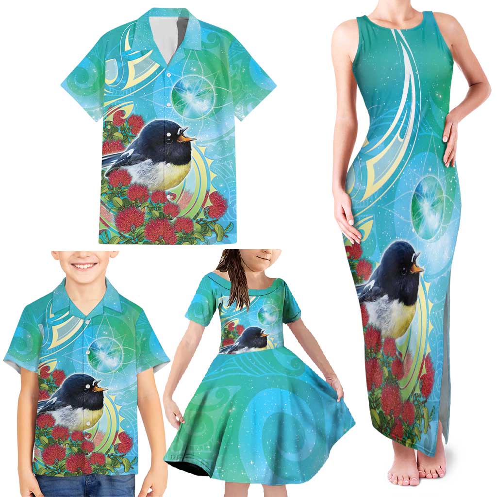 New Zealand Tomtit Family Matching Tank Maxi Dress and Hawaiian Shirt Maori Koru With Pohutukawa Galaxy Style - Aussie Hoodie