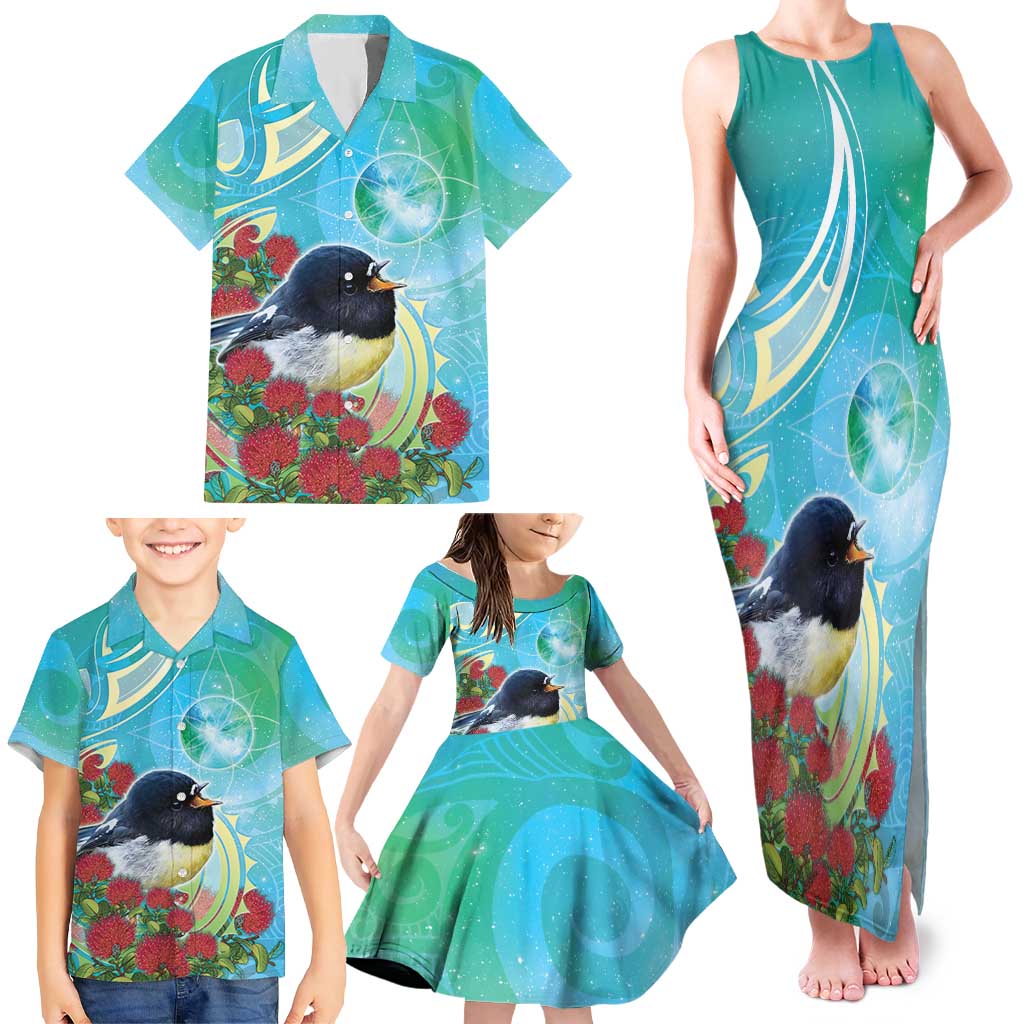 New Zealand Tomtit Family Matching Tank Maxi Dress and Hawaiian Shirt Maori Koru With Pohutukawa Galaxy Style - Aussie Hoodie