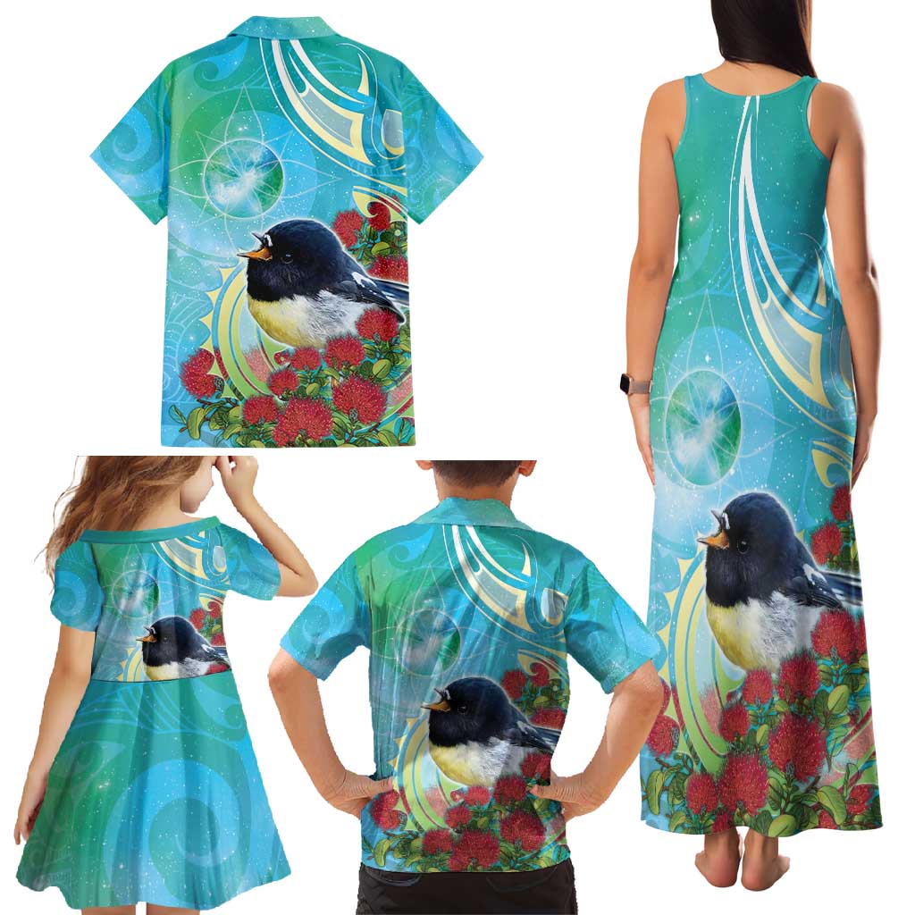 New Zealand Tomtit Family Matching Tank Maxi Dress and Hawaiian Shirt Maori Koru With Pohutukawa Galaxy Style - Aussie Hoodie