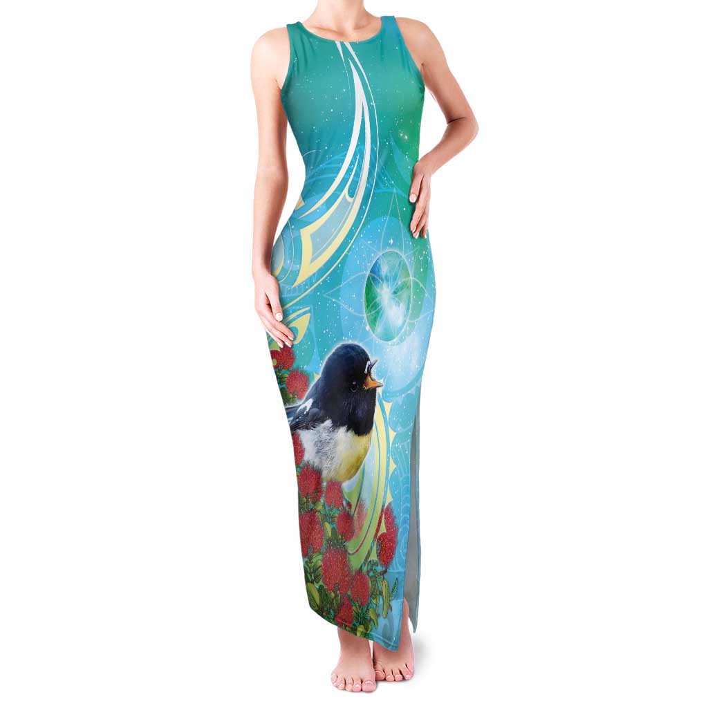 New Zealand Tomtit Family Matching Tank Maxi Dress and Hawaiian Shirt Maori Koru With Pohutukawa Galaxy Style - Aussie Hoodie