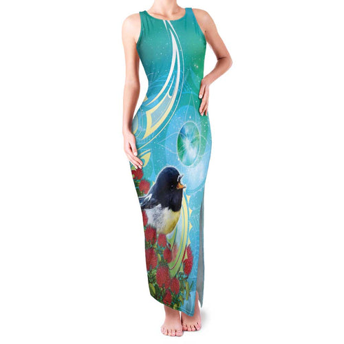 New Zealand Tomtit Family Matching Tank Maxi Dress and Hawaiian Shirt Maori Koru With Pohutukawa Galaxy Style - Aussie Hoodie