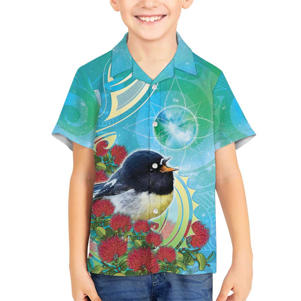 New Zealand Tomtit Family Matching Tank Maxi Dress and Hawaiian Shirt Maori Koru With Pohutukawa Galaxy Style - Aussie Hoodie