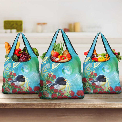 New Zealand Tomtit Grocery Bag Maori Koru With Pohutukawa Galaxy Style - Aussie Hoodie
