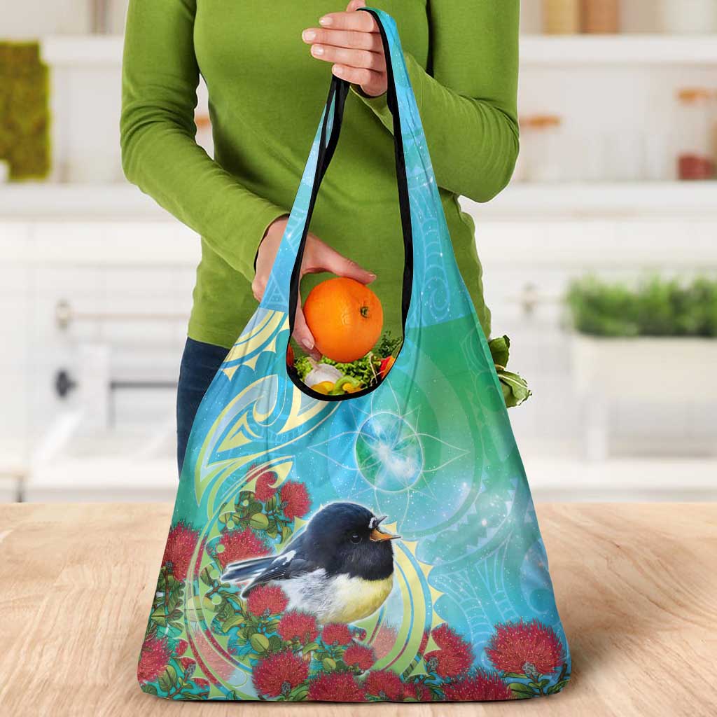 New Zealand Tomtit Grocery Bag Maori Koru With Pohutukawa Galaxy Style - Aussie Hoodie