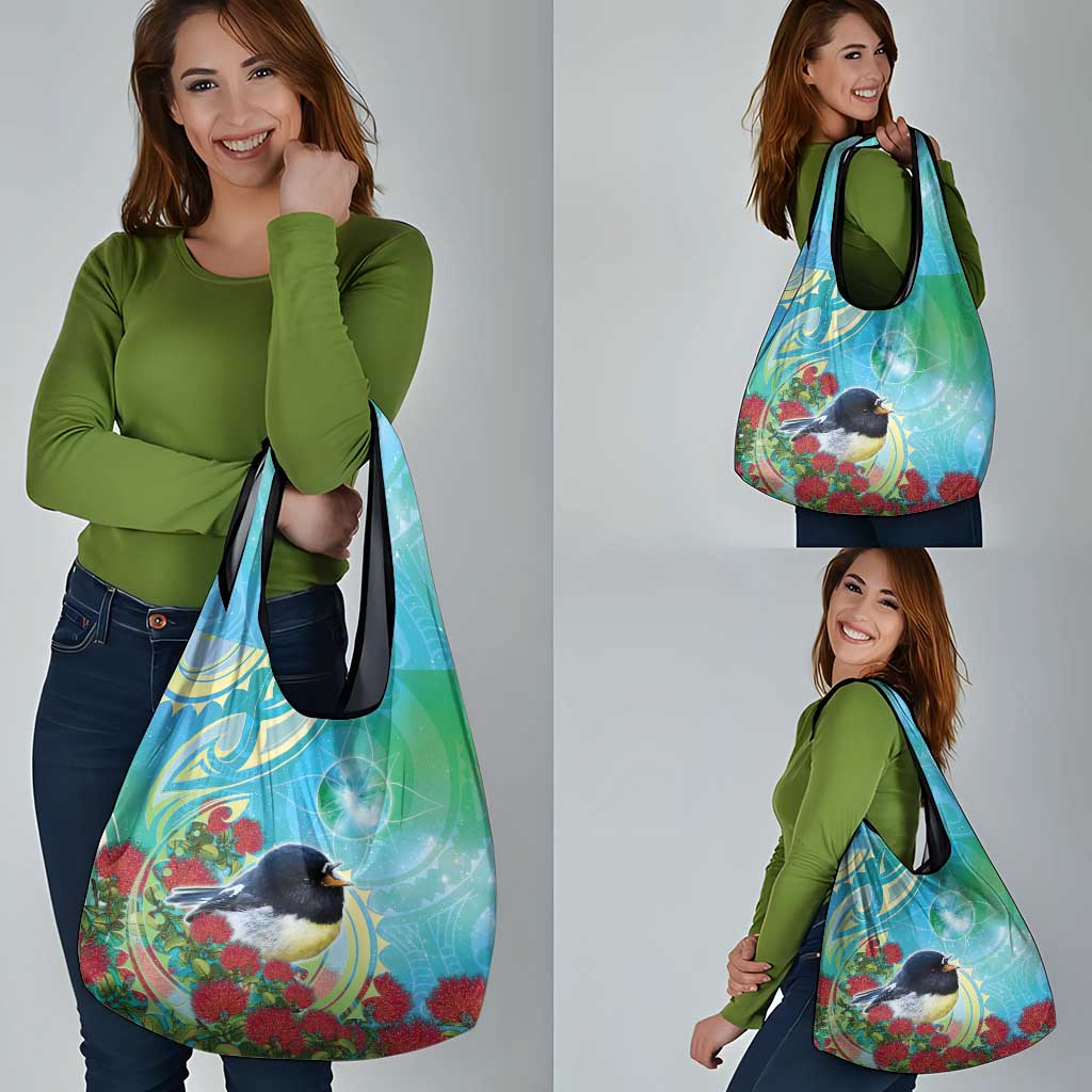 New Zealand Tomtit Grocery Bag Maori Koru With Pohutukawa Galaxy Style - Aussie Hoodie