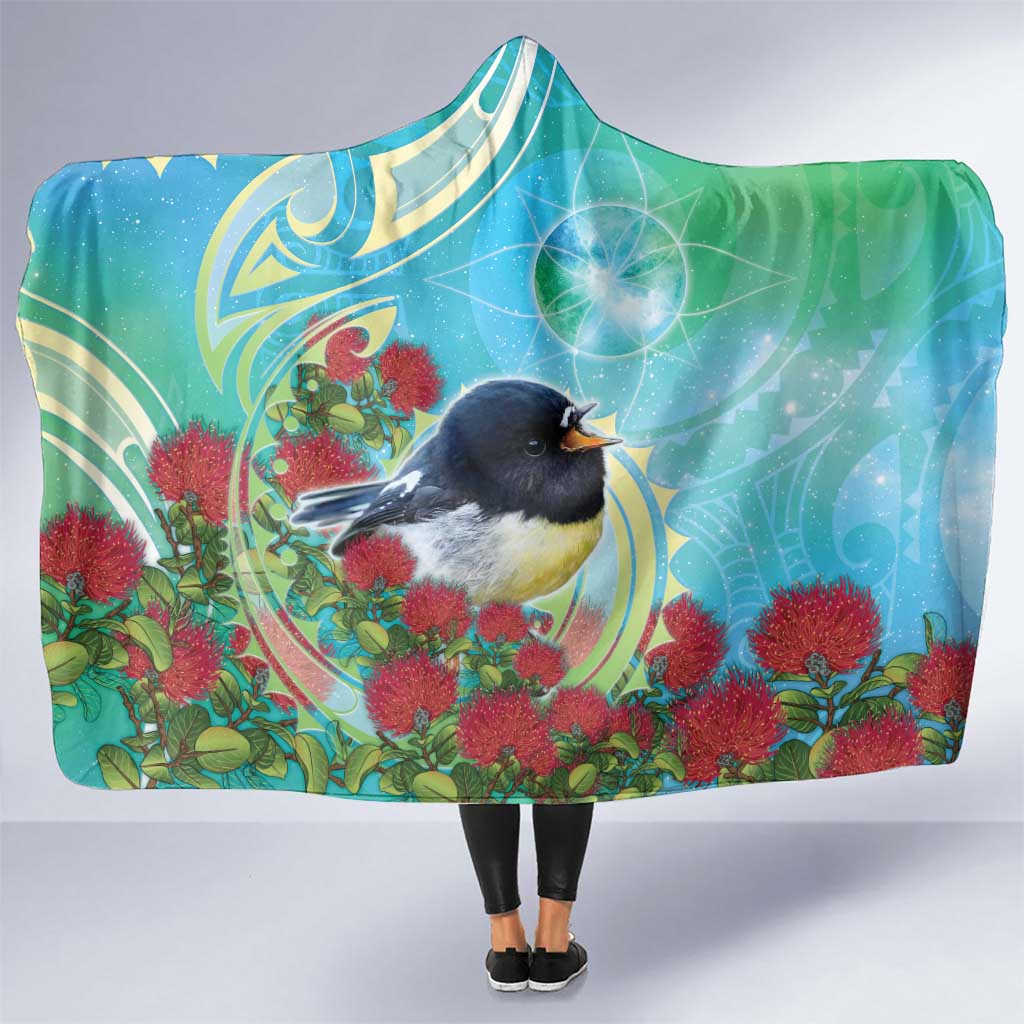 New Zealand Tomtit Hooded Blanket Maori Koru With Pohutukawa Galaxy Style - Aussie Hoodie