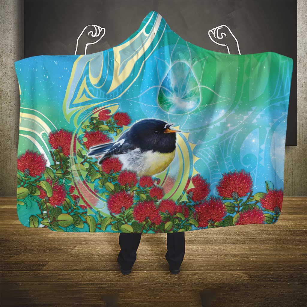 New Zealand Tomtit Hooded Blanket Maori Koru With Pohutukawa Galaxy Style - Aussie Hoodie