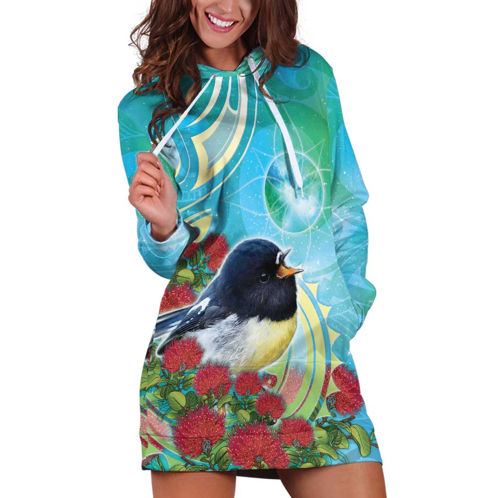 New Zealand Tomtit Hoodie Dress Maori Koru With Pohutukawa Galaxy Style - Aussie Hoodie