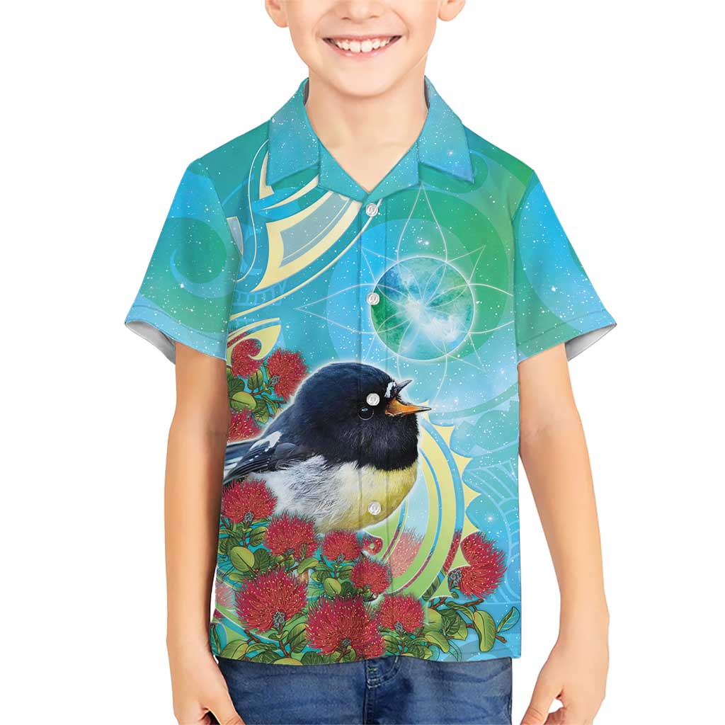 New Zealand Tomtit Kid Hawaiian Shirt Maori Koru With Pohutukawa Galaxy Style - Aussie Hoodie