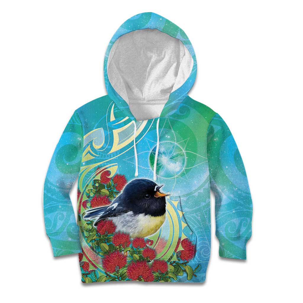 New Zealand Tomtit Kid Hoodie Maori Koru With Pohutukawa Galaxy Style - Aussie Hoodie