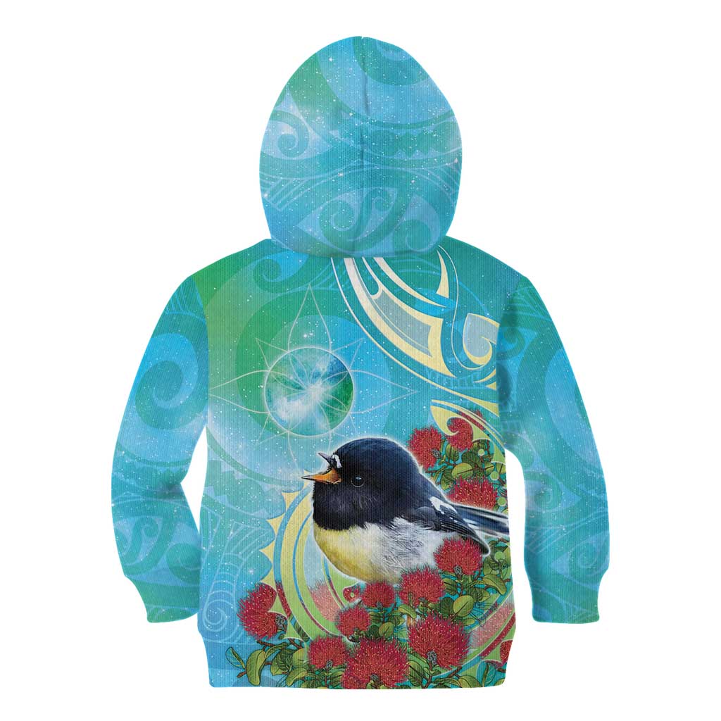 New Zealand Tomtit Kid Hoodie Maori Koru With Pohutukawa Galaxy Style - Aussie Hoodie