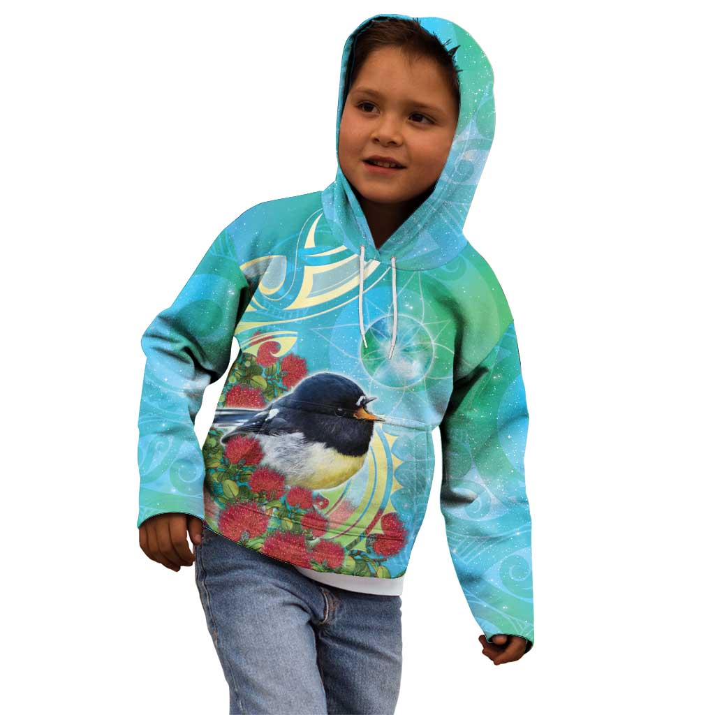 New Zealand Tomtit Kid Hoodie Maori Koru With Pohutukawa Galaxy Style - Aussie Hoodie