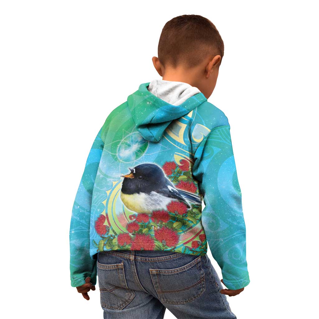 New Zealand Tomtit Kid Hoodie Maori Koru With Pohutukawa Galaxy Style - Aussie Hoodie